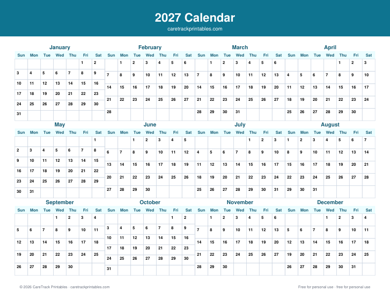 Free Printable Calendar 2027