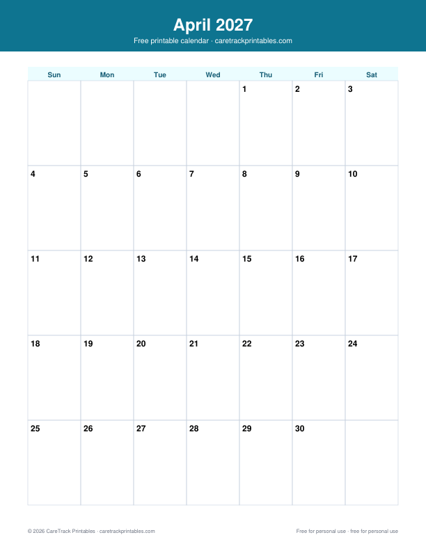 Free Printable April 2027 Calendar