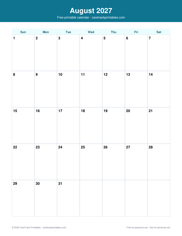 Free Printable August 2027 Calendar
