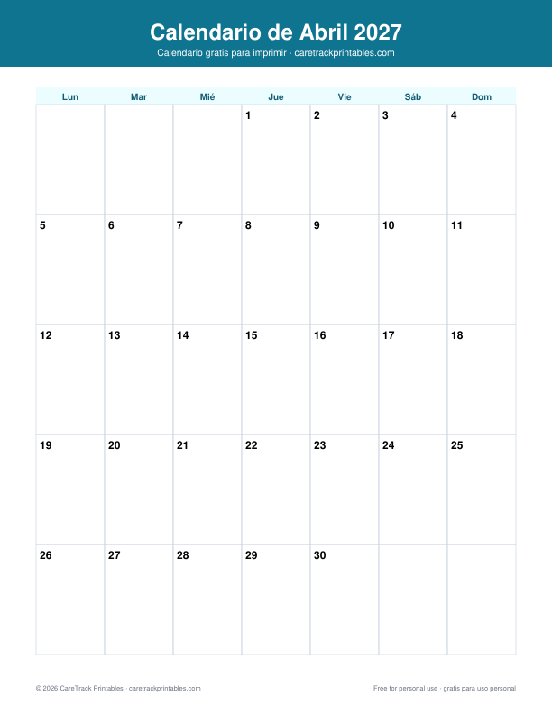 Calendario de Abril 2027 para Imprimir