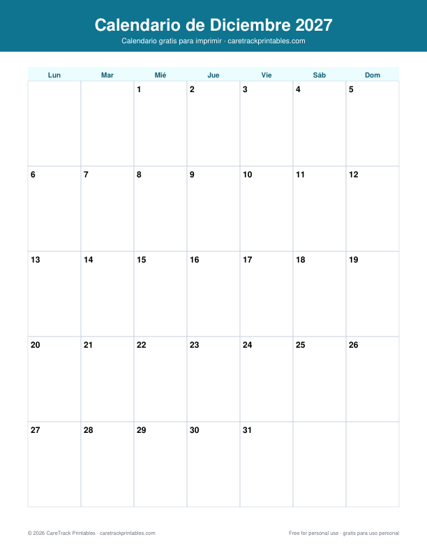 Calendario de Diciembre 2027 para Imprimir