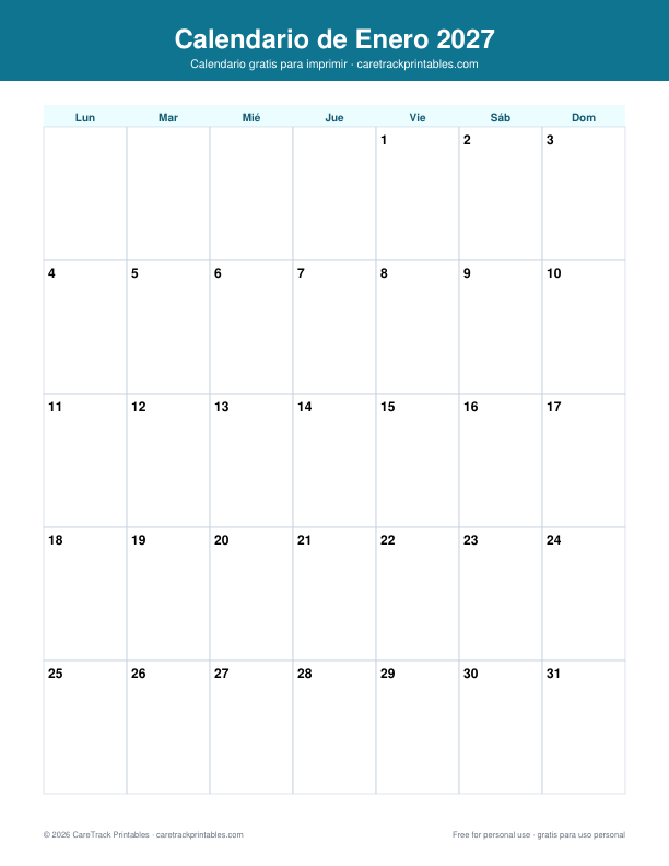 Calendario de Enero 2027 para Imprimir