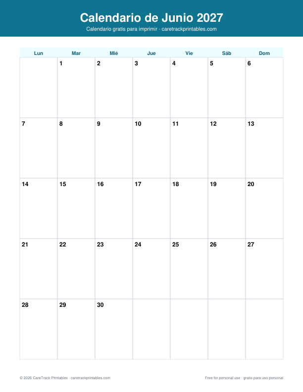 Calendario de Junio 2027 para Imprimir