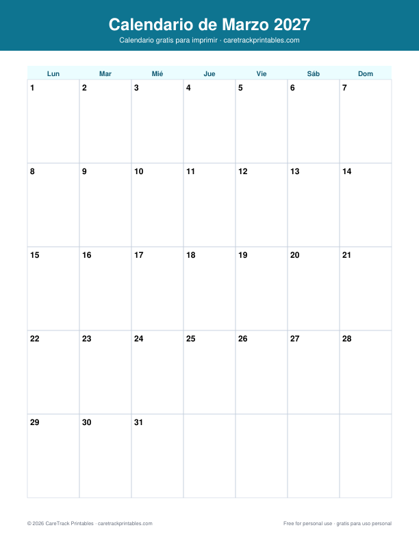 Calendario de Marzo 2027 para Imprimir