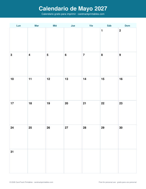 Calendario de Mayo 2027 para Imprimir