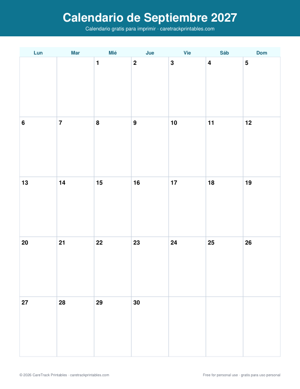 Calendario de Septiembre 2027 para Imprimir