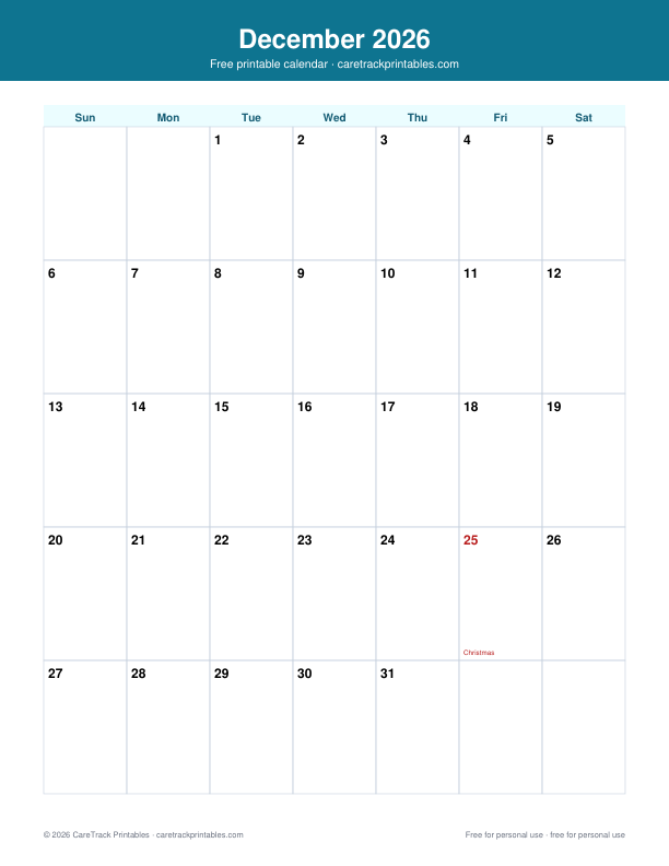 Free Printable December 2026 Calendar