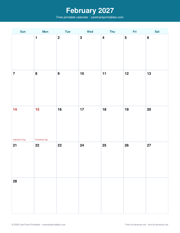 Free Printable February 2027 Calendar