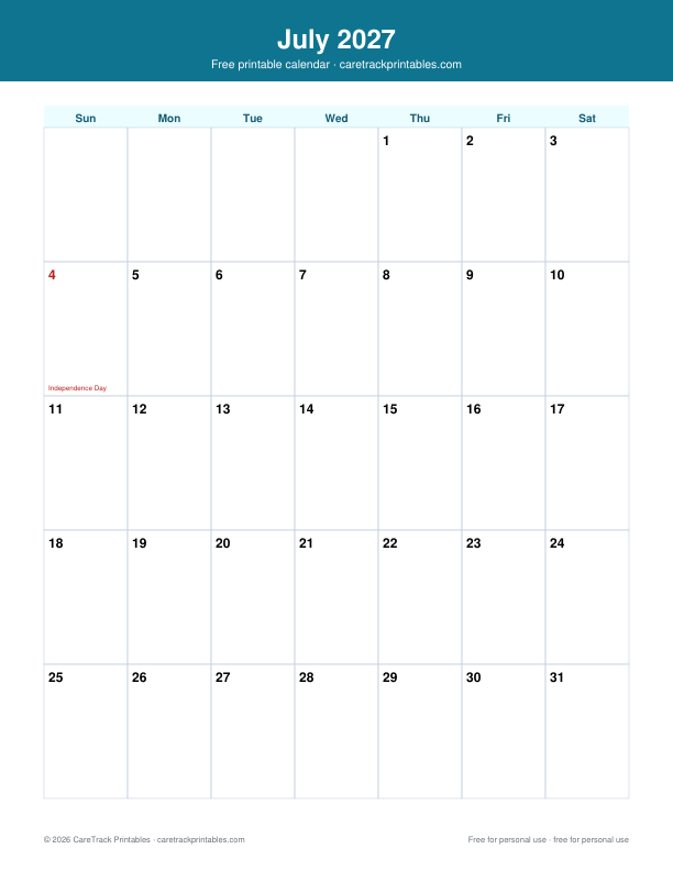 Free Printable July 2027 Calendar