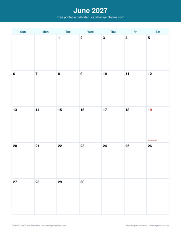 Free Printable June 2027 Calendar