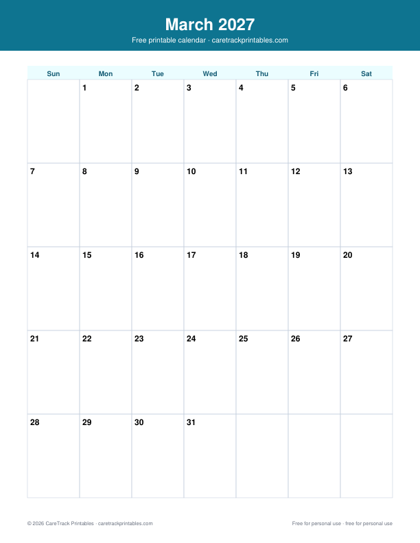Free Printable March 2027 Calendar