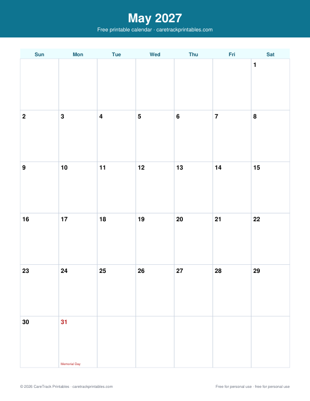 Free Printable May 2027 Calendar