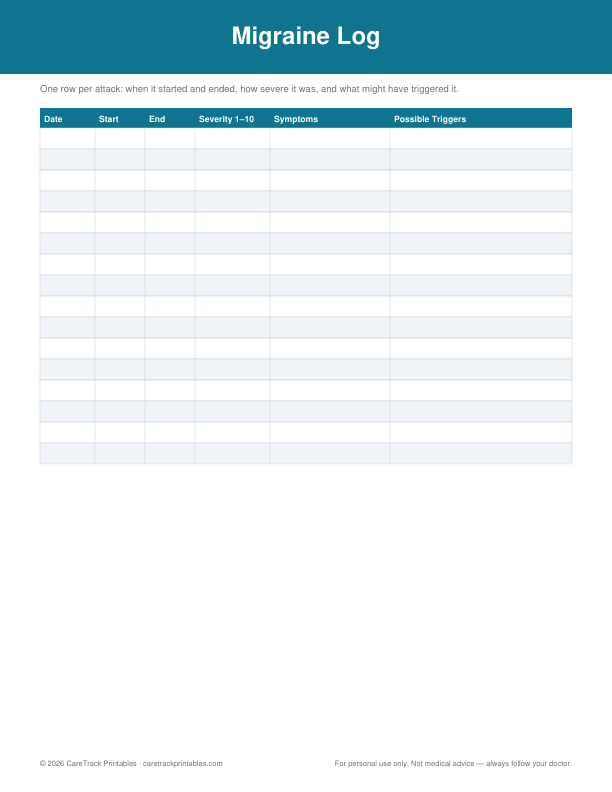 Free Printable Migraine Log