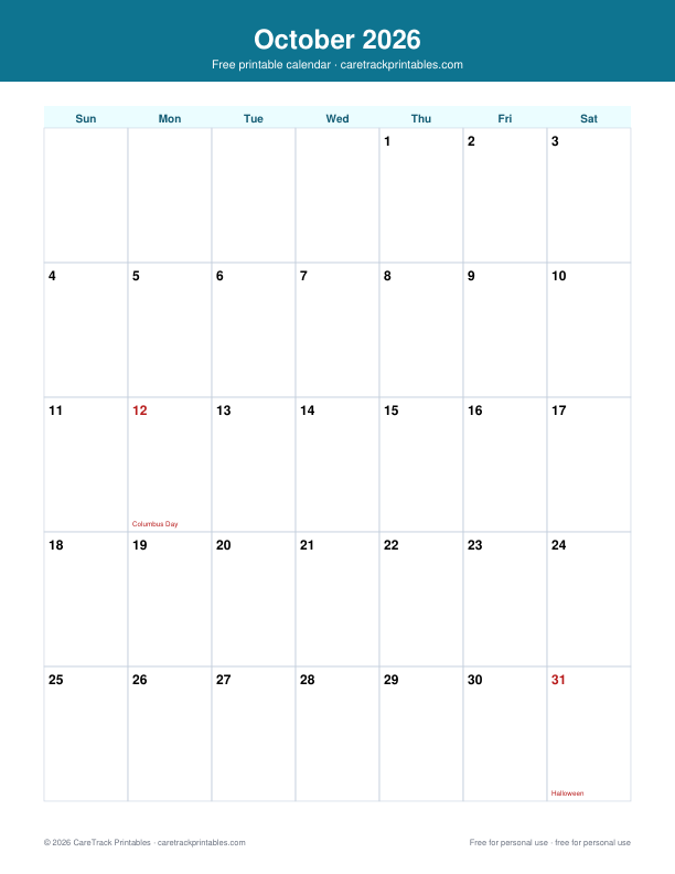 Free Printable October 2026 Calendar