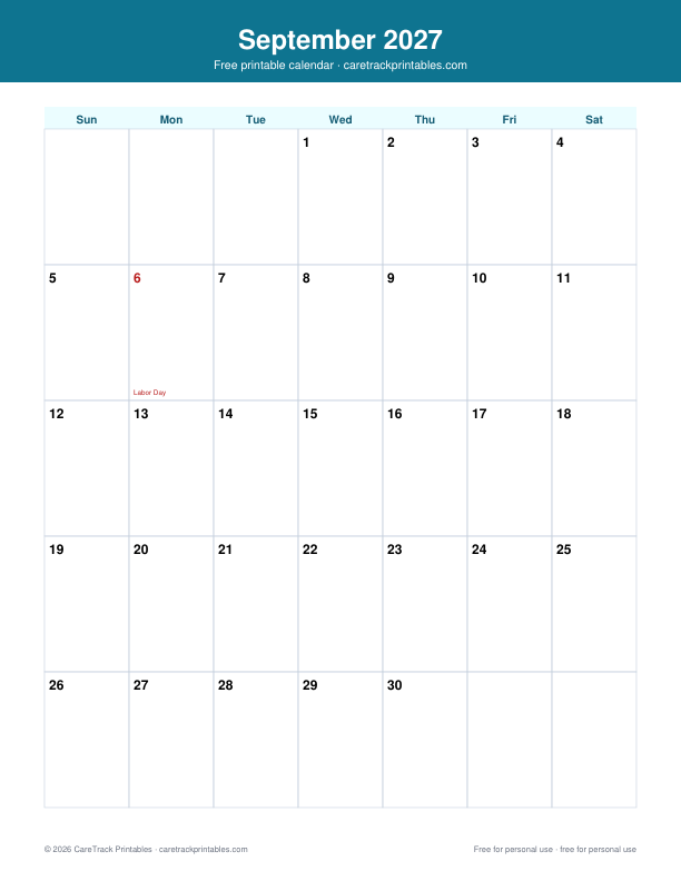 Free Printable September 2027 Calendar
