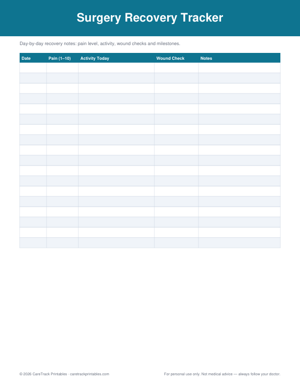 Free Printable Surgery Recovery Tracker